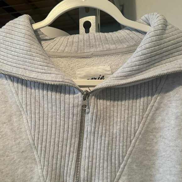 Aerie Women's XS Down To Earth Ribbed Quarter Zip Cotton Sweater Oversized Grey - Picture 4 of 6